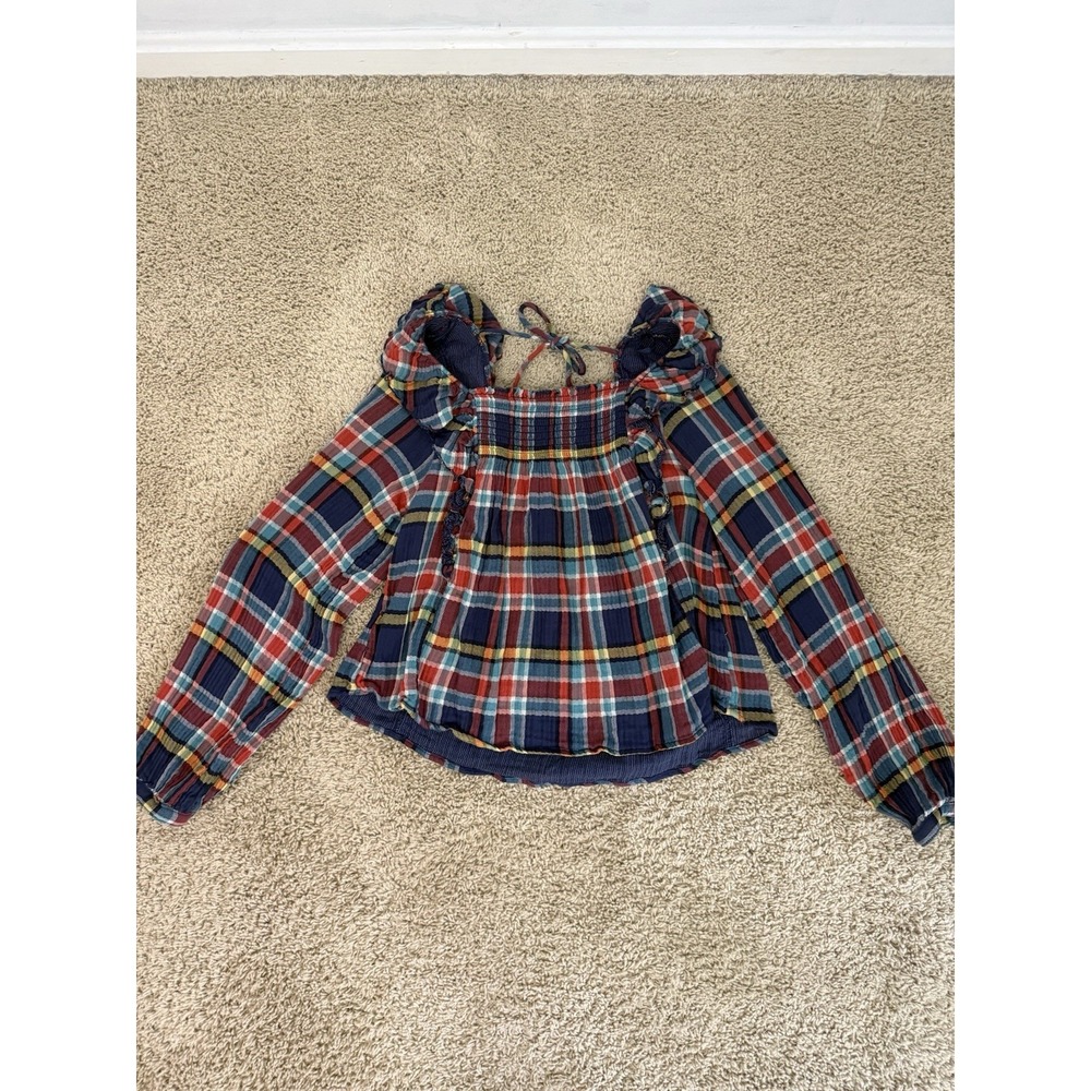 We the FREE PEOPLE New Siena Plaid Pullover TOP Small Babydoll Teal Country $118 - Picture 14 of 16